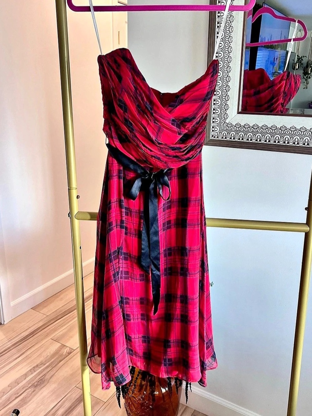 Vintage Betsey Johnson Red & Black Plaid Strapless Dress Size 10